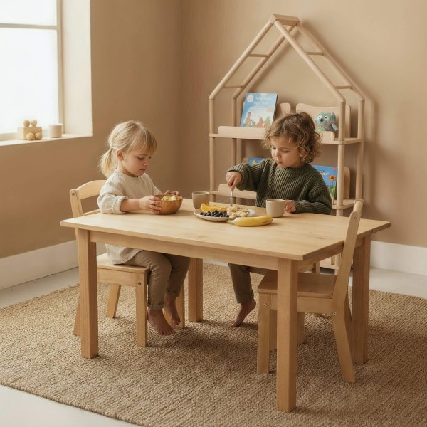 ontessori Tisch aus Holz mit zwei Kindern beim Snack – fördert Gemeinschaft und Selbstständigkeit