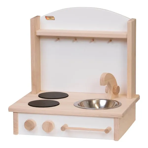 Kinder-Spielküche "Zwerg", natur-weiß, mit Herd und Spüle, Tischküche aus Naturholz, massiv, nachhaltig Kinder-Spielküche "Zwerg", natur-weiß, mit Herd und Spüle, Tischküche aus Naturholz, massiv, nachhaltig