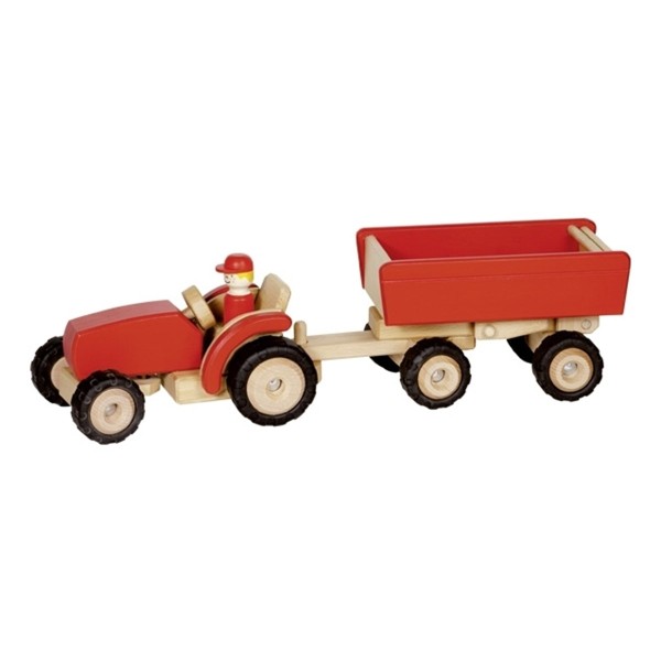 Roter Traktor mit Anhänger aus Holz von goki