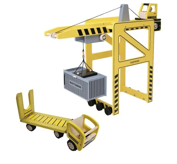 Baustellen Holzfahrzeug Set mit Portalkran, LKW Tieflader & 1 Container zum beladen - Pintoy 85715 + 88710