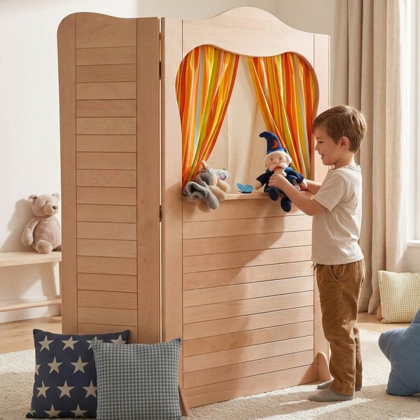 Vorhang für Puppentheater - Spielender Junge und gestreifter Vorhang