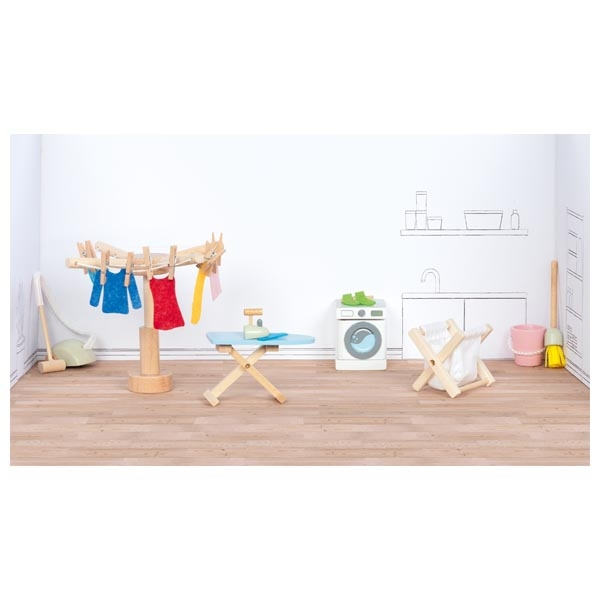 Waschküche Puppenhausmöbel Set 29-teilig aus Holz/Textil | Goki