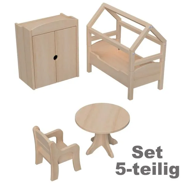 Puppenmöbel Set 5-teilig mit Stuhl, Tisch, Bett mit Dach & Tuch, Kleiderschrank
