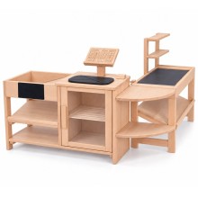 Kinder Supermarkt aus Holz ELLI aus massiver Buche mit Kasse, Kühlschrank, Warenregalen und Kassenband