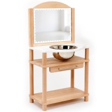 Montessori Waschtisch NERI aus Buchenholz Natur mit Spiegel und Edelstahl-Schüssel freigestellt auf weißem Hintergrund