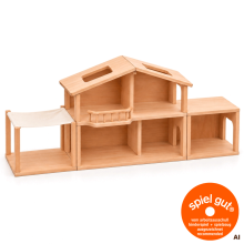 Puppenhaus Set mit Wintergarten und Garage aus Buchenholz freigestellt mit SpielGut-Auszeichnung und natürlicher Holzoptik