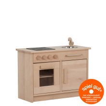 Holz Kinderküche aus Buche natur mit Herd, Spüle, Backofen und Schrank freigestellt auf weißem Hintergrund