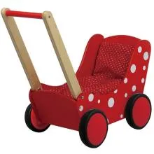 Puppenwagen aus Holz - DW38 weiß rot mit Punkten – Lauflernwagen – Laufwagen – Buggy – Puppenmutti – Baby Born Puppe