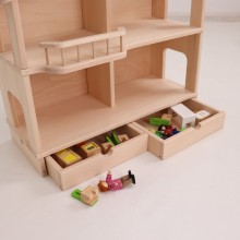 Holz Puppenhaus mit Schubladen-Set Erweiterung, teilweise geöffnet mit Zubehör