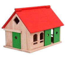 Holz Bauernhof aus Buche natur mit rotem Dach – großer Stall mit Garage und Schiebetüren