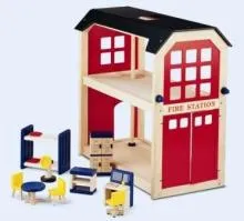 Rotes Holz Feuerwehrhaus Pintoy ökologisches Holz-Spielzeug – Bio-Holzspielzeug – Naturholz-Spielzeug