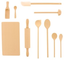 Kinder Kochset aus Buchenholz, Detailansicht 10-teiliges Kinder Backset aus Holz für die Spielküche Spielzeug Küchenzubehör: Kinder Koch- und Backset