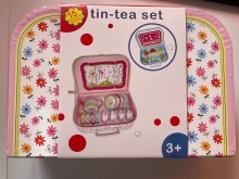 Buntes Kinder Teeservice aus Blech im rosa Koffer mit Blumenmuster