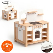 Kita-Kinderküche aus Massivholz – hochwertige Spielküche Holz beidseitig bespielbar für Kleinkinder ab 2 Jahren - Cinderella - weiß