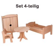 Puppenmöbel Set 4-teilig mit Stuhl, Tisch, Bett, Kleiderschrank